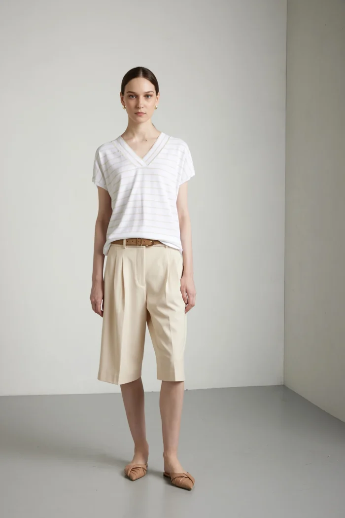 Maglia over scollo a v rigata bicolore  in puro cotone