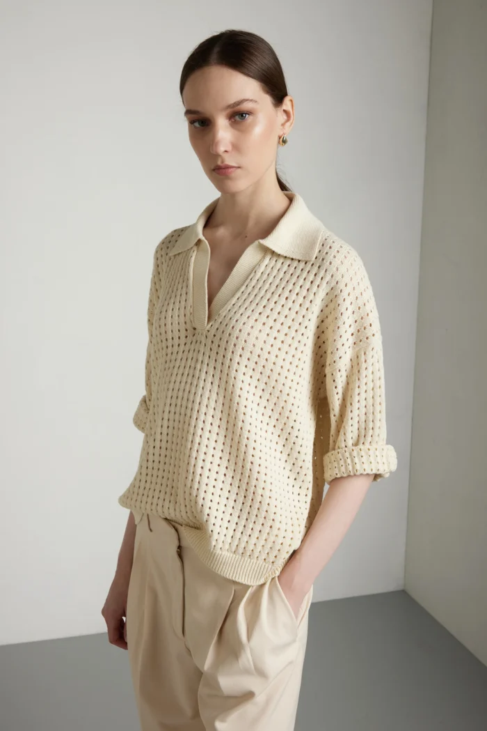 Cotton open-knit skipper polo