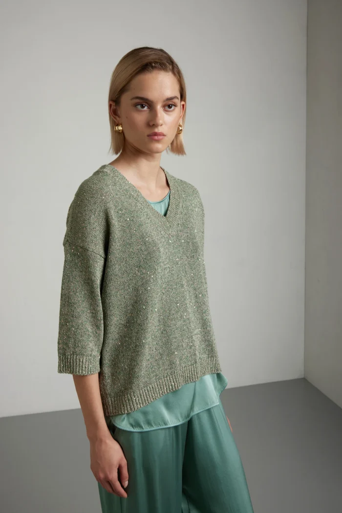 Maglia scollo a v con manica a tre quarti e paillettes