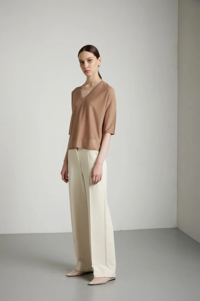 Maglia scollo a v con manica a tre quarti e micropaillettes