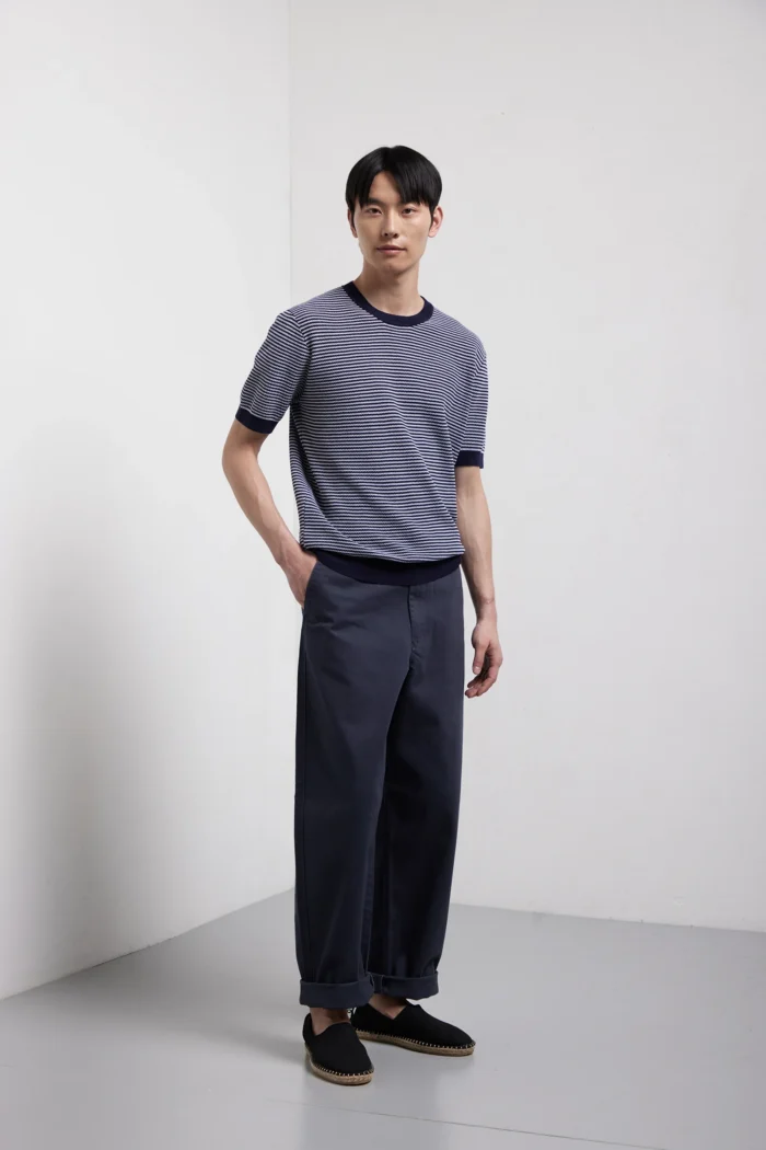 Maglia girocollo manica corta punto rigato in puro cotone