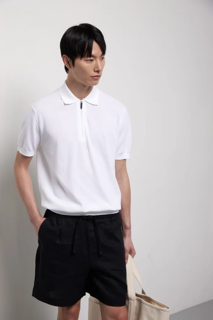 Polo manica corta con trecce e coste in puro cotone con zip