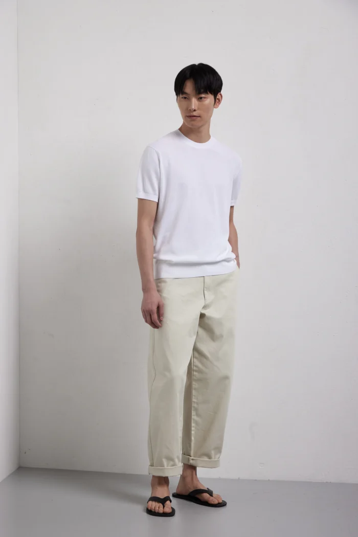 Maglia girocollo manica corta con trecce e coste in puro cotone