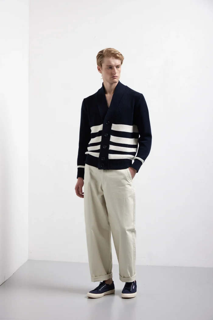 Cardigan rigato manica lunga punto links con bottoni in puro cotone