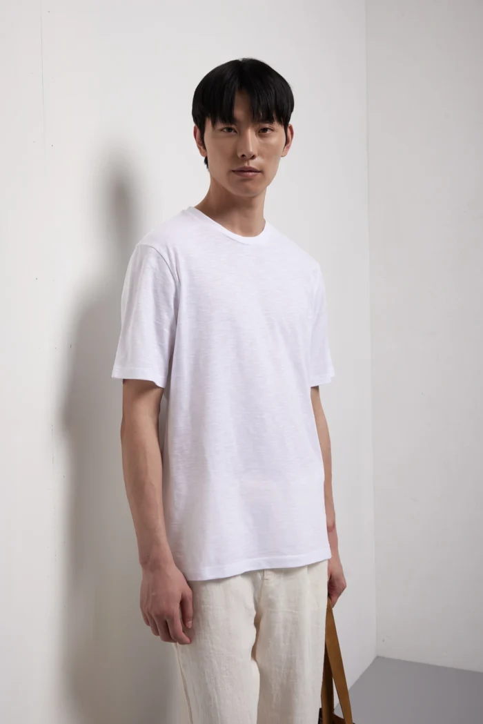 T-shirt girocollo manica corta in jersey fiammato in puro cotone