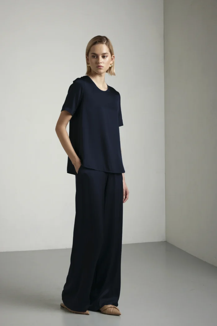 Pantalone a palazzo con elastico in seta stretch