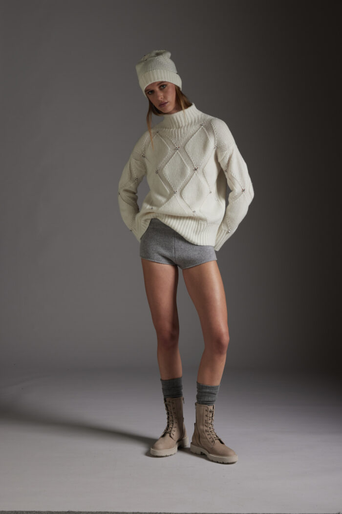 Maglia Collo Alto Con Losanghe e Castoni di Cristallo