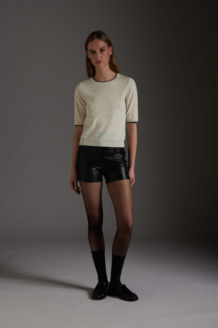 Maglia Manica Corta Con Contrasti in Lana e Cashmere
