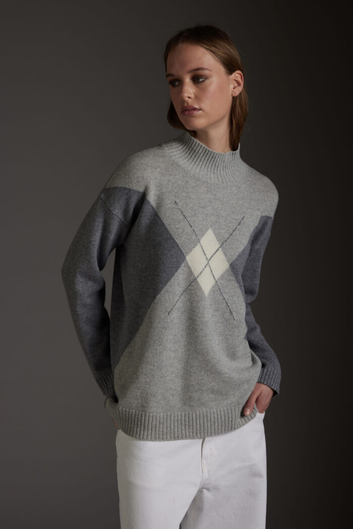 Maglia Collo Alto Intarsio Rombi in Lana e Cashmere