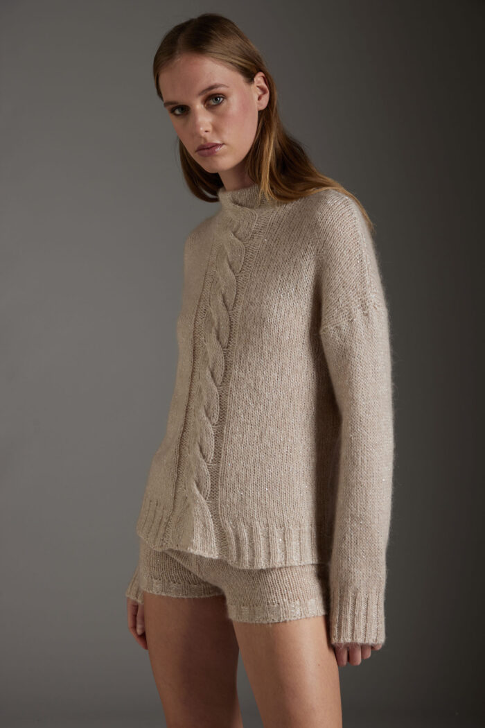 Maglia Collo Alto Con Treccia e Micropaillettes