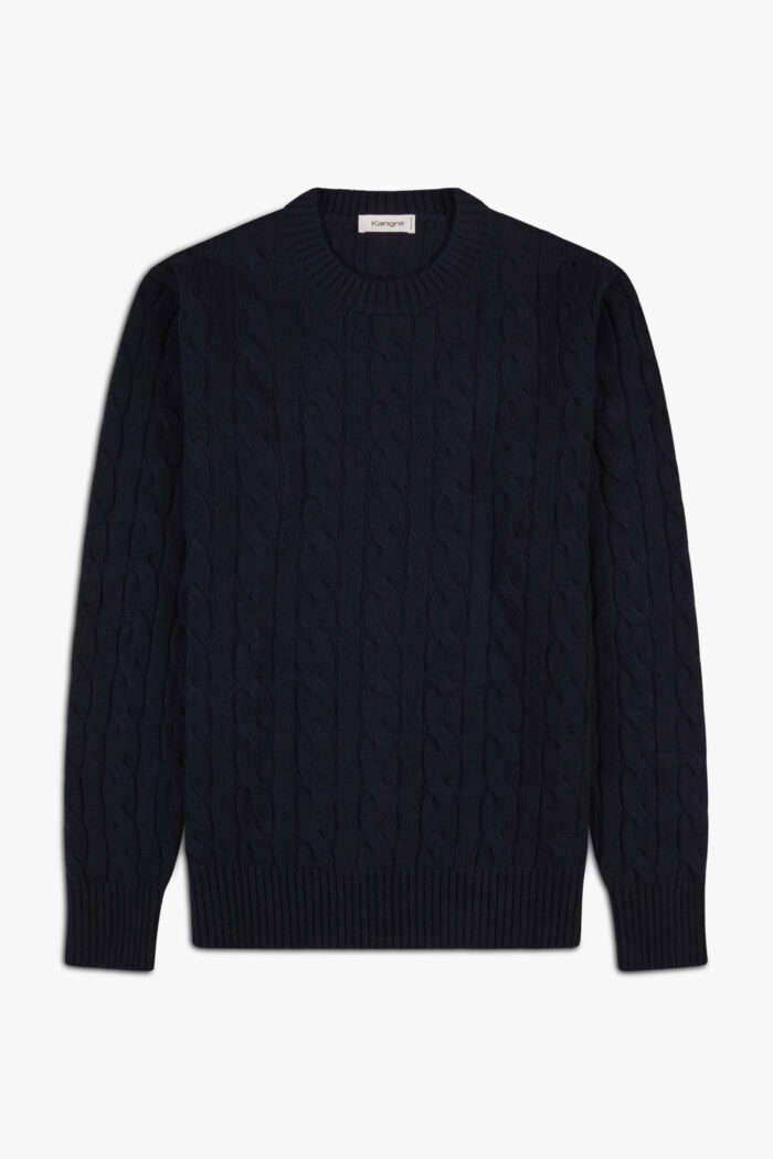 Maglia Girocollo Con Trecce e Coste In Lana